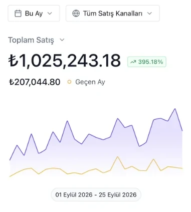 E-ticaret paneli: bu ay toplam satış 1.025.243 TL, geçen ay 207.044 TL, yüzde 395,18 artış, 1–25 Eylül 2026